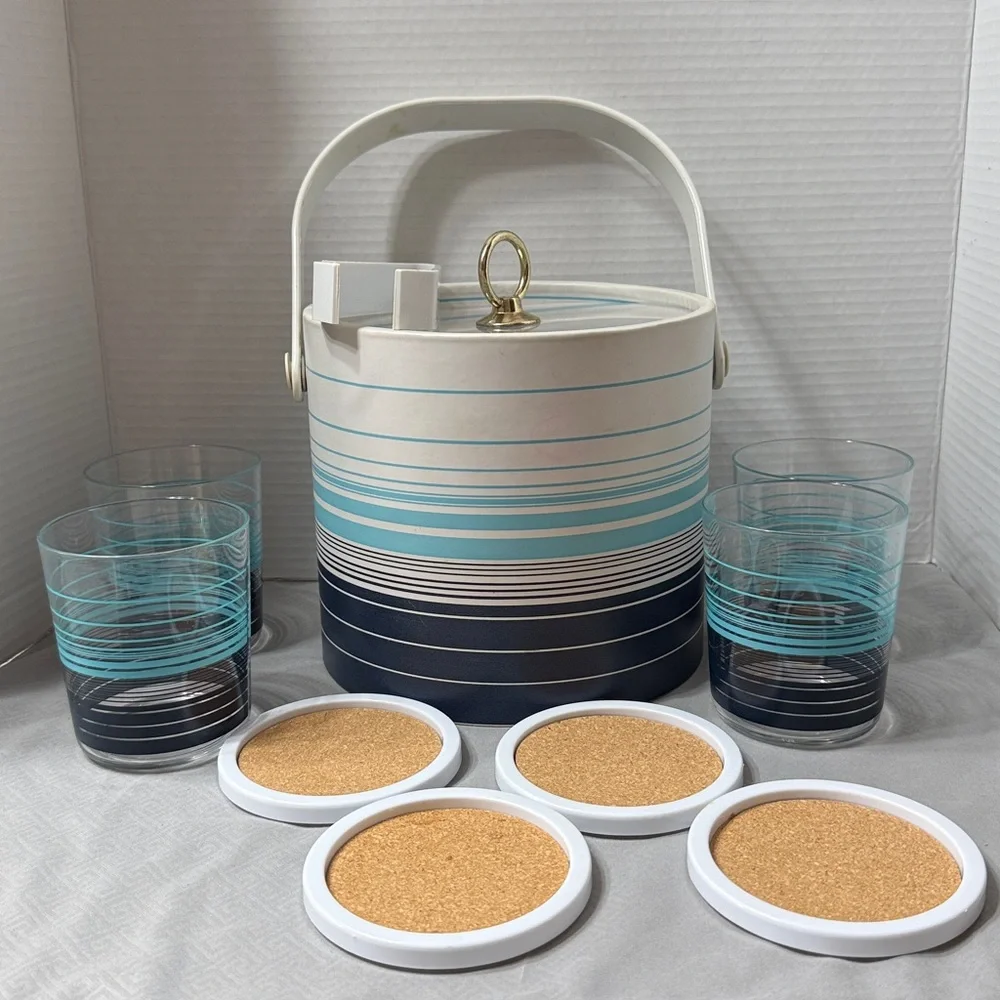 Vintage Ice Bucket 4 Glasses 4 Coasters Tongs Set in Aqua, Navy & White Stripes
